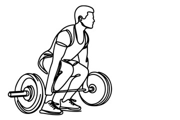 One continuous black line drawing of man lifting barbel with a heavy weight bar weightlifting at gym doodle linear drawing cartoon on white background vector