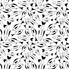 Wall Mural - A black and white fish pattern with many fish in it. The fish are all different sizes and shapes