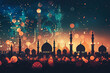 A flat illustration representation of a panoramic view of a decorated mosque during Eid al-Adha, focusing on the architectural silhouette against a night sky filled with lights