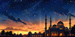 Flat illustration of the Eid al-Adha holiday against the background of a beautifully illuminated mosque and minarets under the starry sky