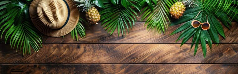 Wall Mural - Summer Vacation in the Tropics: Ocean Panorama with Pineapple, Palm Leaves, and Straw Hat on Wooden Table - Top View Greeting Card or Banner