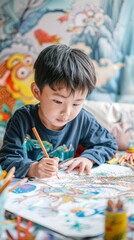 Canvas Print - A young boy sitting at a table drawing