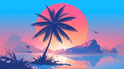 Wall Mural - Revamp the logo concept with a palm tree and mountain view in a sleek 2d illustration