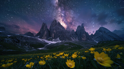 yellow flowers in the foreground and snow capped mountains in the background of the milky way