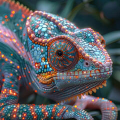 Close-up of a cybernetic chameleon, its skin a flexible LED display, blending into a digital forest background