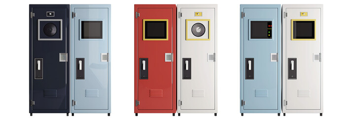 set of different high-tech school lockers with biometric security systems, isolated on transparent background