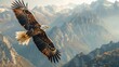 A bald eagle is flying over a mountain range