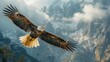 A bald eagle is flying over a snowy mountain range