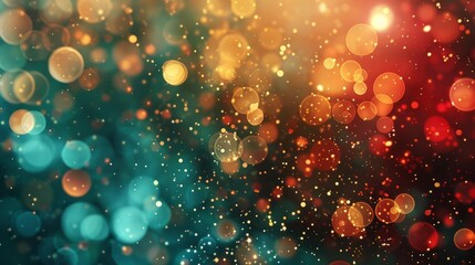 Abstract blur bokeh banner background. Gold bokeh on defocused emerald green and red background