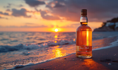 Wall Mural - Bottle of whisky on a table with beach sea and sunset in background. Generative Ai