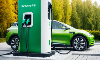 EV charging station for electric car in concept of green sustainable energy produced from renewable resources to supply to charger station in order to reduce CO2 emission .