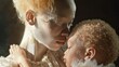 A heartwarming close-up captures the bond between a mother and her child with albinism, their eyes shining with love and connection.