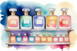 Perfume wardrobe, set of perfume bottles on the shelf, colorful, aroma style, watercolor illustration, perfume shop, fragrance
