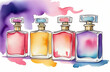 Perfume wardrobe, set of perfume bottles, colorful, aroma style, watercolor illustration, fragrance