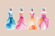 Perfume wardrobe, set of perfume bottles in a shape of women dresses, beige background, creative art, aroma style, watercolor illustration, fragrance
