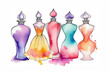 Perfume wardrobe, set of perfume bottles in a shape of women dresses, white background, creative art, aroma style, watercolor illustration, fragrance
