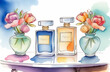 Colorful perfume bottles and flowers in vase standing on table, aroma style, watercolor illustration, cosmetics and fragrance