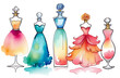 Perfume wardrobe, set of perfume bottles in a shape of women dresses, white background, creative art, aroma style, watercolor illustration, fragrance