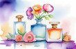 Colorful perfume bottles and flowers in vase standing on table, aroma style, watercolor illustration, cosmetics and fragrance