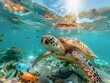underwater photography, tropical sea. Below under water there is garbage, plastic bottles and a turtle.
