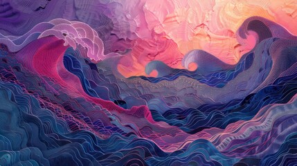 abstract wave painting in pink, pink, purple and blue, in the style of kodak aerochrome, dark cyan and orange