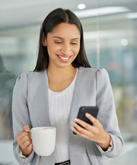 Aufkleber - Business woman, coffee and phone for networking in office, employee and social media break at work. Female person, professional and app for chat or conversation, cup of tea and internet for website