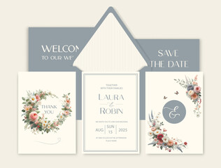 Wall Mural - Luxury wedding invitation card background with watercolor flower and botanical leaves.