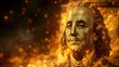 Franklin D. Roosevelt statue on dollar bill engulfed in flames