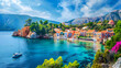 Panoramic view of the Amalfi Coast in Italy with colorful cliffside villages Scenic View of Old Cliffside Buildings in Positano, Amalfi Coast, Italy, Generative Ai