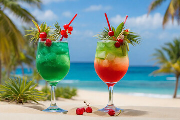 Wall Mural - Cocktails on a tropical beach with palm trees and turquoise water