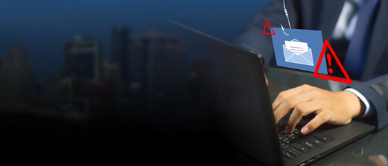 System hacked warnings alert Cyber attacks on a computer network, viruses, Spyware, Malware, Phishing email, or Malicious software. Cyber security and cybercrime concept. Compromised information 