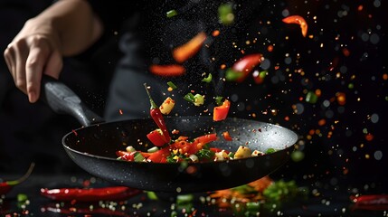 Sticker - Dynamic Stir Fry Cooking Action in Kitchen, Colorful Vegetables Tossed in Pan. Culinary Art and Home Cooking. Vibrant Food Photo. AI