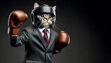 Fototapeta  - ボクシンググローブとヘッドギアを付けて戦う姿勢の猫