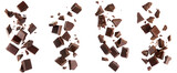 Set of pieces of dark chocolate falling close up on a white background