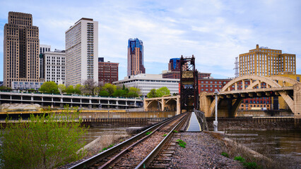 Wall Mural - St. Paul City in Minnesota, skyline, skyscrapers, and railroad over Mississippi River in the Upper Midwestern United States