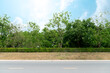 Landscape view of asphalt road and  with mound of dirt blocks the road line and is covered with modified grass. Background of trees under blue sky and white clouds.