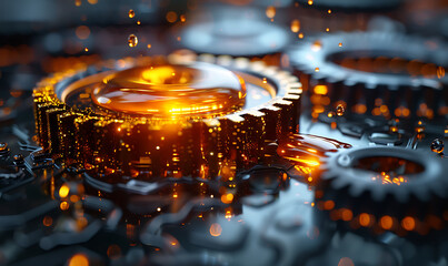 etailed 3D illustration of a cog gear with drops of oil falling. Low poly style design. Geometric background. Generative Ai