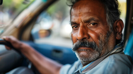 copy space, stockphoto, close-up of a middle aged indian taxi driver in his taxi. Male Indian taxidriver, sitting in his taxi, close-up portrait. Transportation theme.