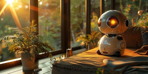 Wall Mural - Cute smart home devices as animated, helpful sidekicks in a user's cozy, futuristic living space