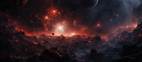 Wall Mural - a dark space scene with red planets and glowing stars
