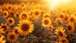   A field teeming with sunflowers, their leaves bathed in yellow light, sun casting shadows behind