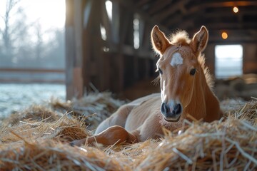 An endearing image capturing a young foal as it rests amidst the hay inside a warm and cozy barn on a farm