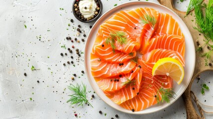 Wall Mural -   A white plate holds sliced salmon, accompanied by a knife and a bowl of seasonings on a table