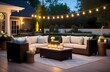 Cozy patio with sofa, table, chairs and candles. Perfect for relaxing and entertaining outdoors. Romantic setting for sitting with friends and loved ones