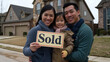 happy family standing in front of their new home, holding a 
