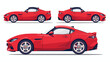 Sport red car three angle set. Car front side and rea