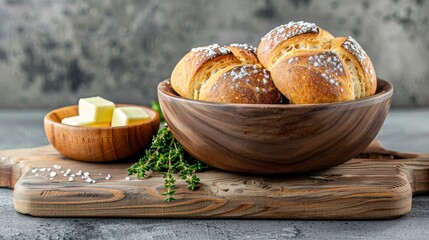 Wall Mural -   A wooden bowl holds bread, nearby are bowls of butter and Parmesan cheese on a cutting board