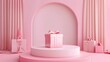 Pink pastel podium with gifts.