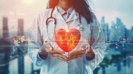 Cardiology and insurance concept, Double exposure of female medical doctor holding red heart shape in hand and graphic of heart beat with cityscape background.