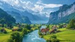 Idyllic Countryside Stunning Landscape with Village, Green Fields, and Mountain River on a Sunny Day, Backdropped by Swiss Mountains
